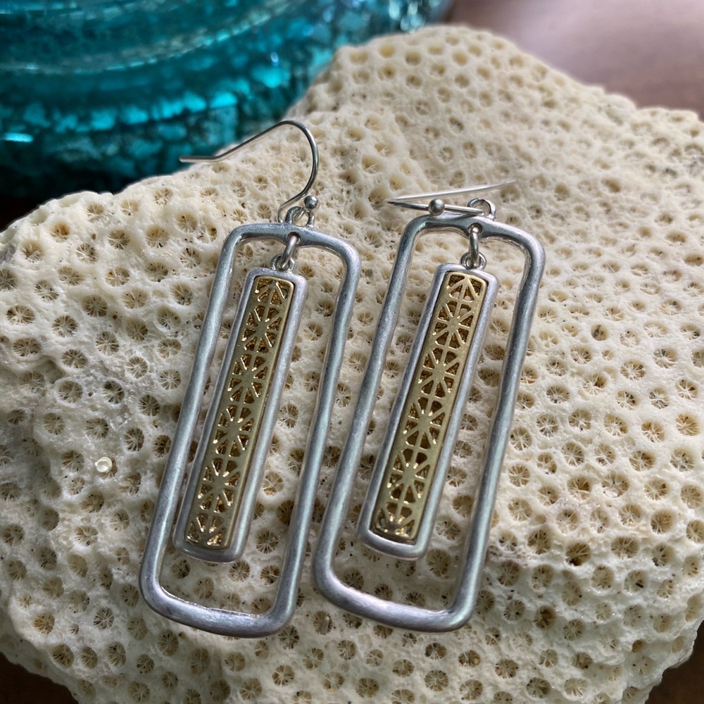 Metal filigree texture earrings, sliver and gold, metal dangle earrings.